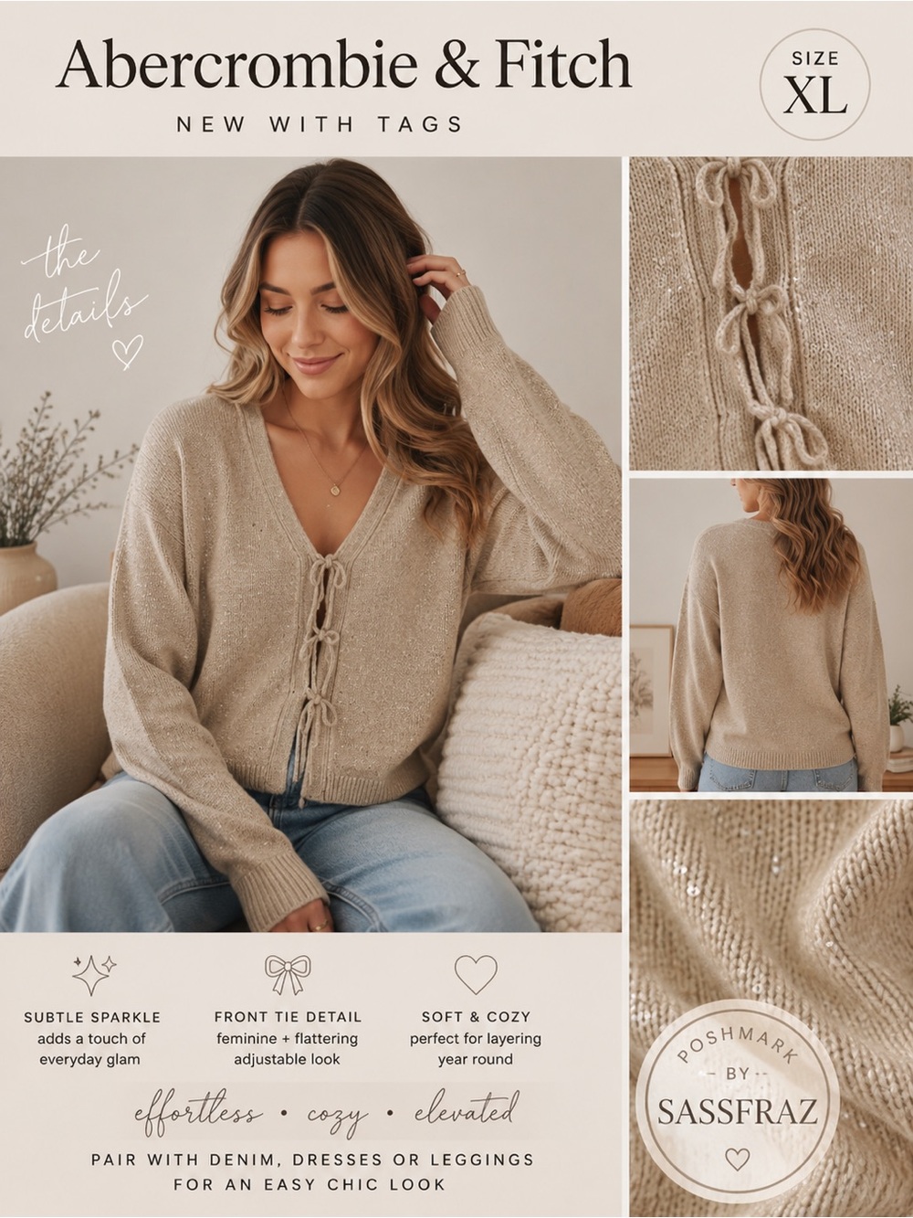 New Abercrombie & Fitch tie front cardigan Size XL fall bow sweater